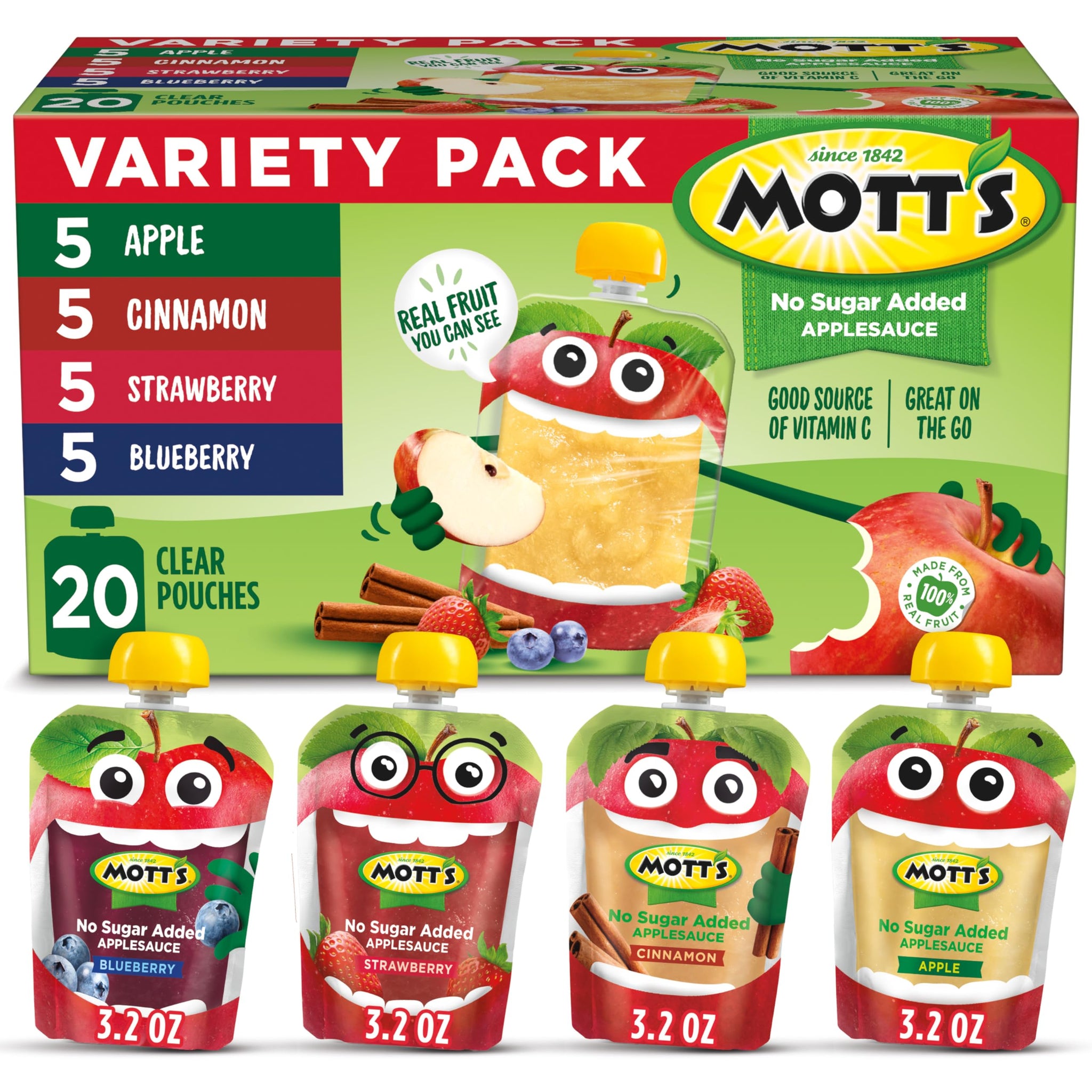 Mott's No Sugar Added Applesauce Variety Pack, 4 Flavors - Apple, Strawberry, Cinnamon & Blueberry, Made from Real Fruit, No Artificial Flavors, 3.2