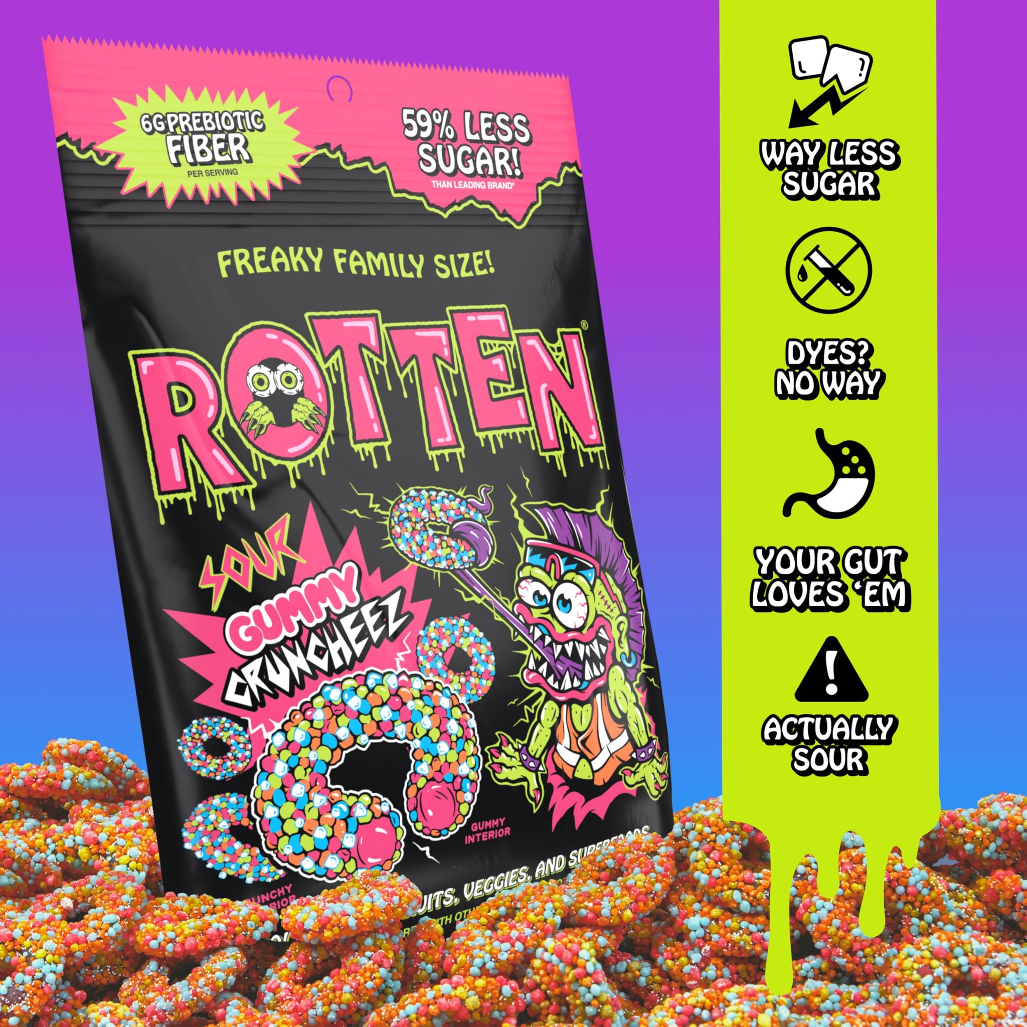 Rotten Sour Gummy Cruncheez - Low Sugar, Low Calorie, 5g Gut-Friendly Prebiotic Fiber, Gluten Free Candy, No Artificial Dyes - 5.3 oz Share Pack [4