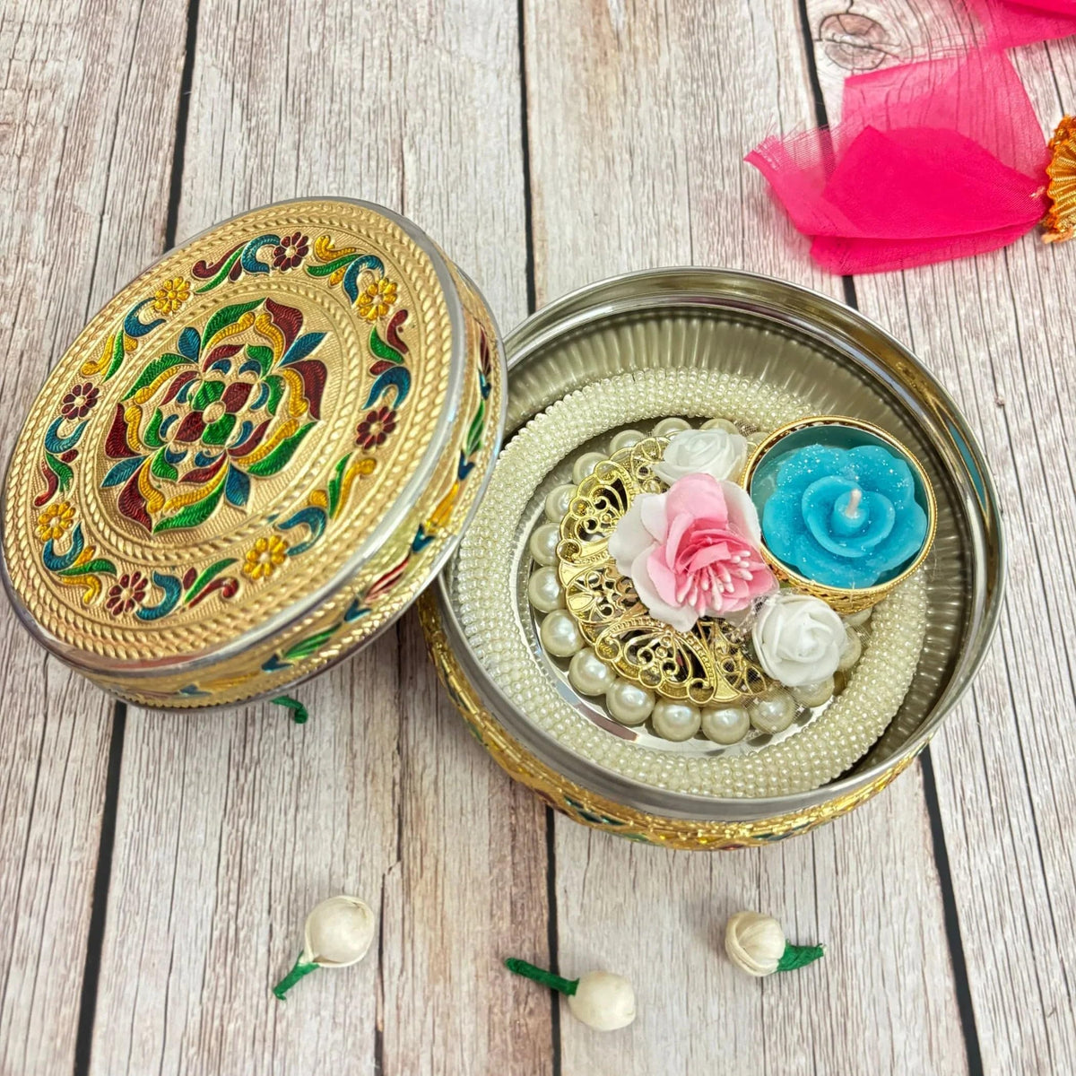 LoveNspire Diwali Gift Hamper with Meenakari Stainless Steel Sweet Box & Pearl Candle Holder for Diwali Pooja, Housewarming, Christmas & Festive