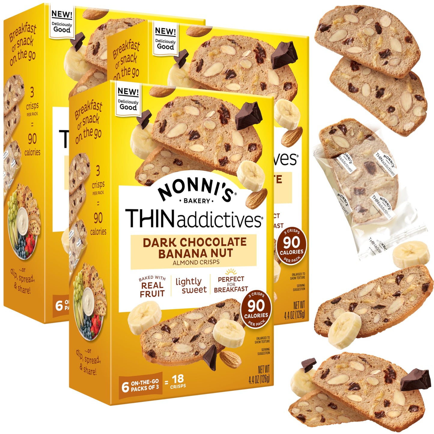 Nonni's THINaddictives Dark Chocolate Banana Nut Crisps 4.4 oz, Lightly Sweet Almond Snack, 6 On-the-Go Packs, 90 Calories, 3 Pack