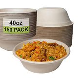 EcoQuality [150 Pack] 40 oz Round Disposable Compostable Paper Bowls Heavy-Duty, Eco-Friendly Natural Bagasse Unbleached, Heat Resistant, 100%