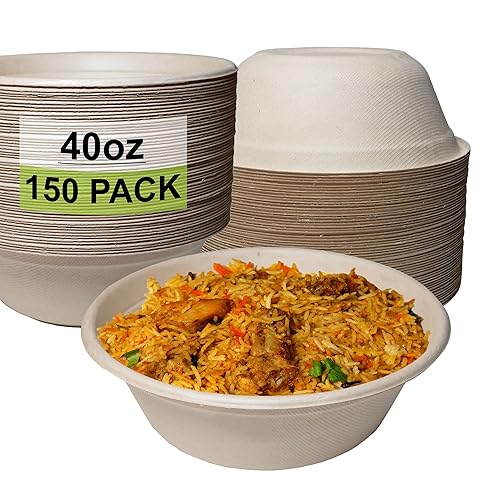 EcoQuality [150 Pack] 40 oz Round Disposable Compostable Paper Bowls Heavy-Duty, Eco-Friendly Natural Bagasse Unbleached, Heat Resistant, 100%