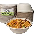 EcoQuality [150 Pack] 40 oz Round Disposable Compostable Paper Bowls Heavy-Duty, Eco-Friendly Natural Bagasse Unbleached, Heat Resistant, 100%