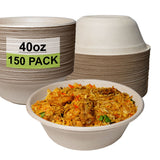 EcoQuality [150 Pack] 40 oz Round Disposable Compostable Paper Bowls Heavy-Duty, Eco-Friendly Natural Bagasse Unbleached, Heat Resistant, 100%