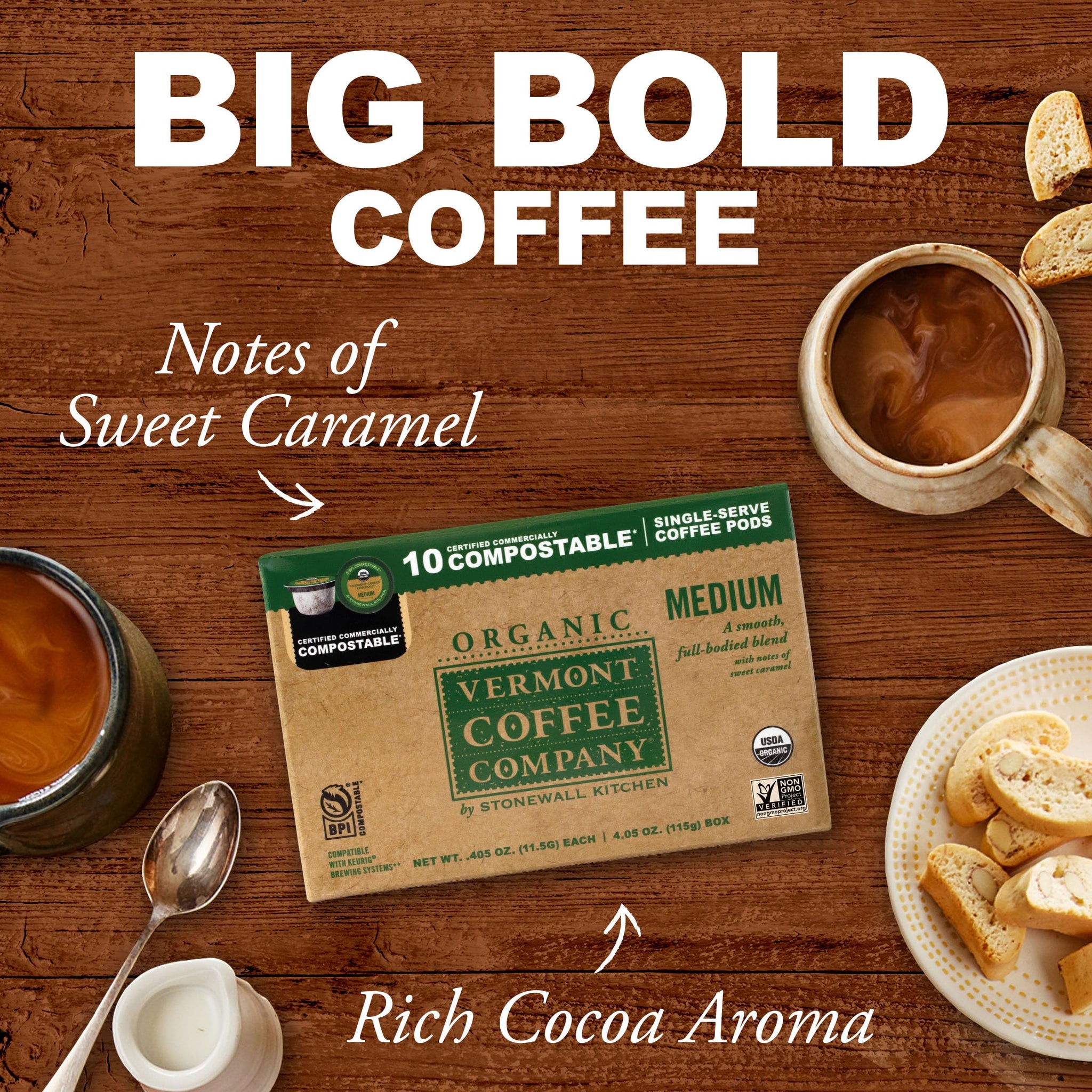 Vermont Coffee Company, Organic Medium Roast, Single-Serve Organic Compostable Coffee Pods for Keurig, 10CT, Compatible with Most Kcups Brewing