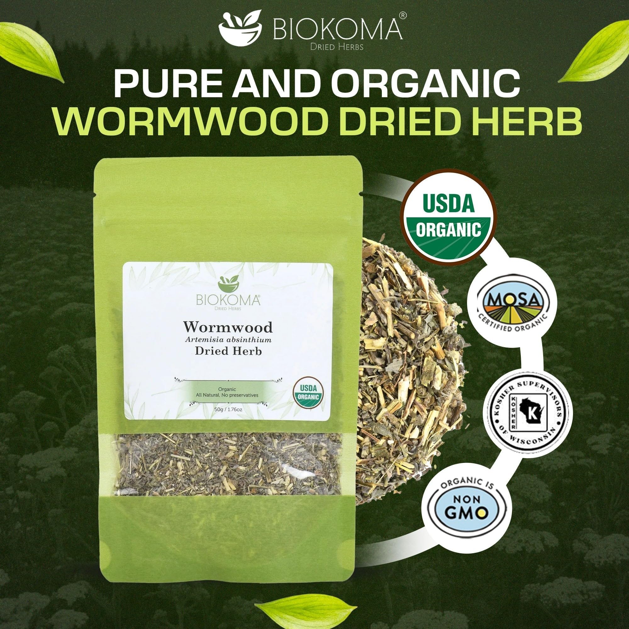 Biokoma Organic Wormwood Dried Herb 50g (1.76oz) - Loose Artemisia absinthium Herbal Tea - USDA Organic - Resealable Moisture Proof Pouch - No