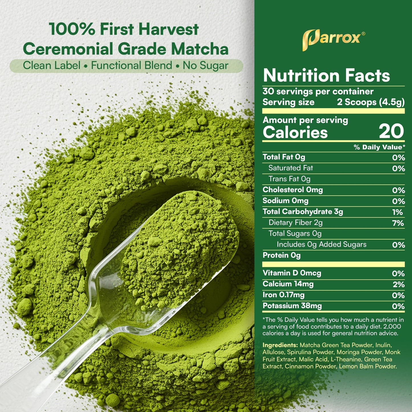 Ceremonial Grade Matcha Powder Infused with Moringa, Green Tea Extract, L-Theanine, Inulin, Spirulina, Ceylon Cinnamon, and Lemon Balm - 100% First