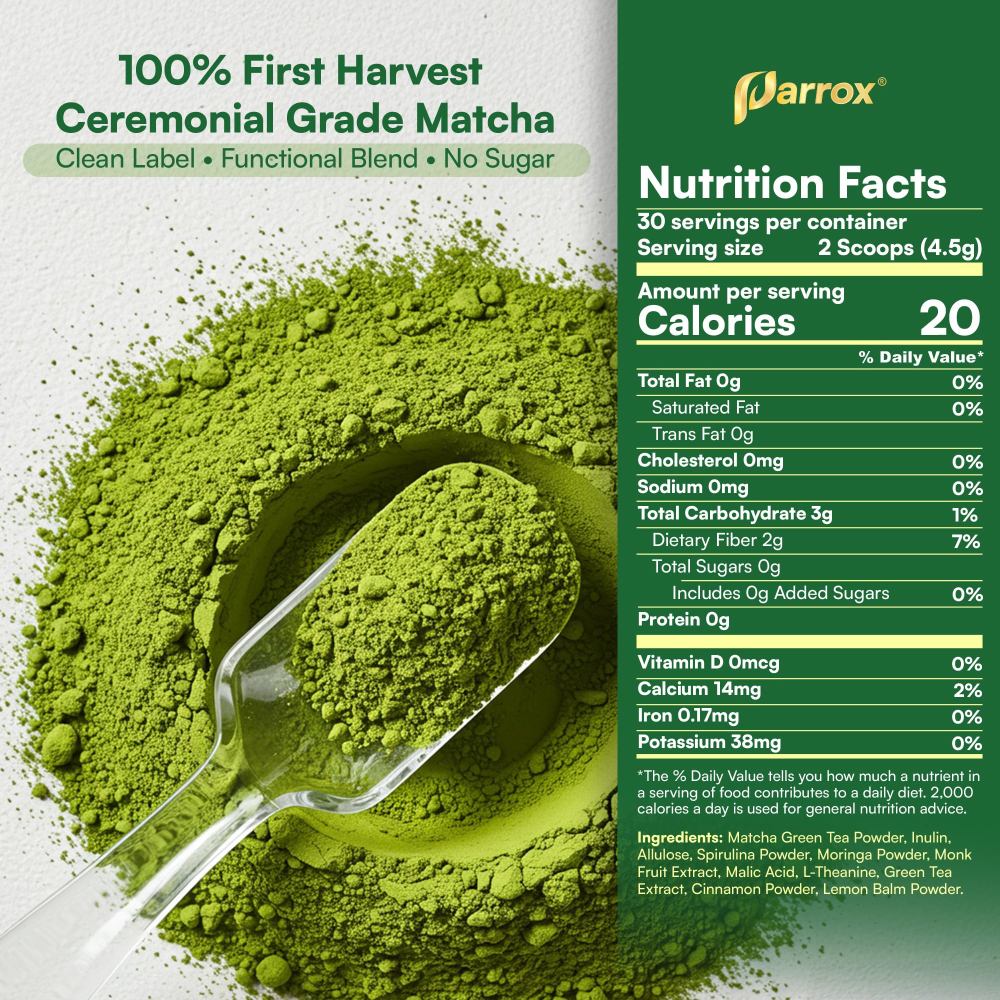 Ceremonial Grade Matcha Powder Infused with Moringa, Green Tea Extract, L-Theanine, Inulin, Spirulina, Ceylon Cinnamon, and Lemon Balm - 100% First