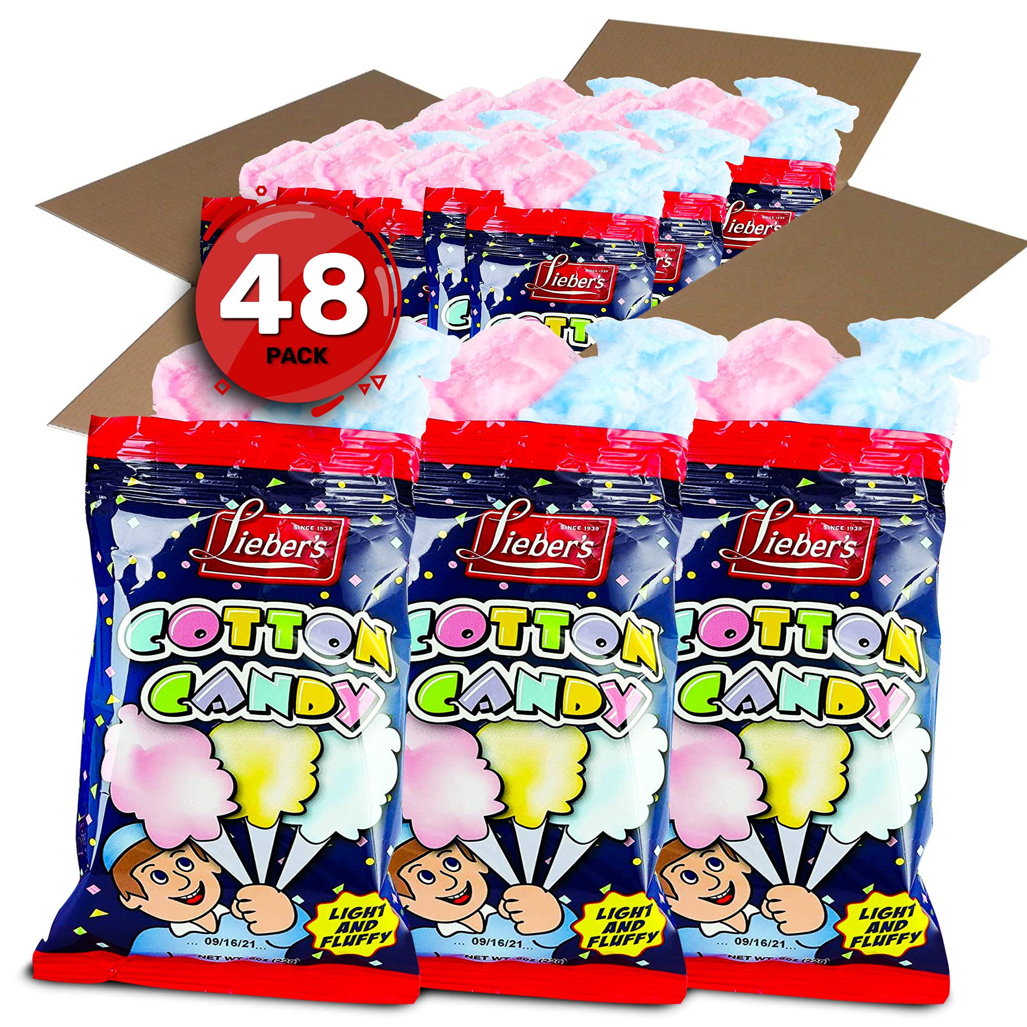 Lieber's Cotton Candy | 48 Pack of Light & Fluffy Vintage Candy | Blue & Red Carnival Birthday Party Favors Treats Supplies for Kids, Kosher | 0.8