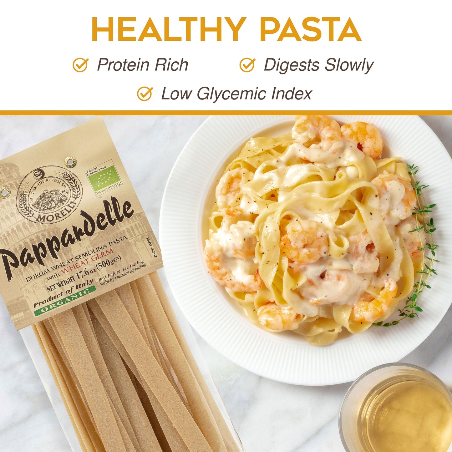 Morelli Organic Pappardelle Pasta Noodles Imported from Italy, Made with Italian Durum Wheat Semolina - 17.6 oz (500 g) - Pack of 2