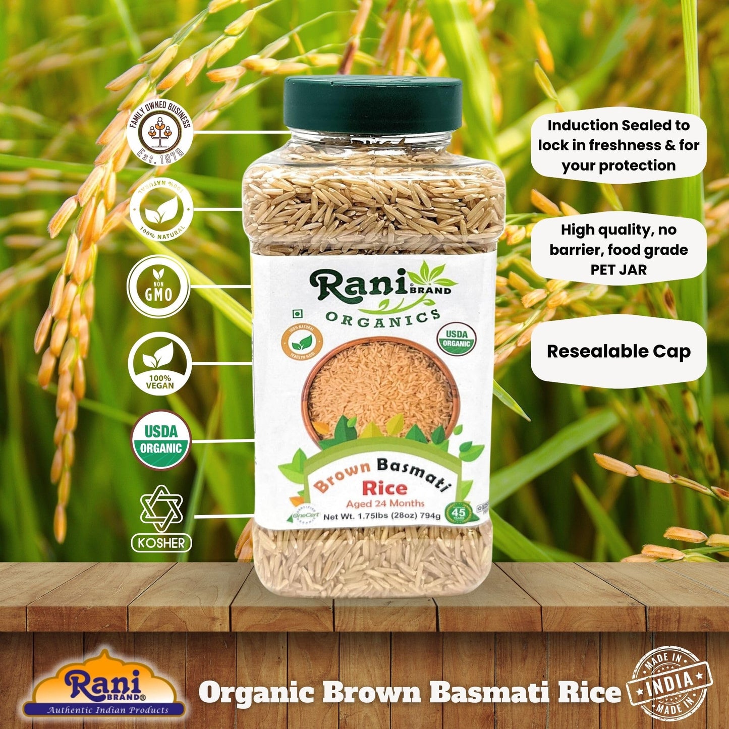 Rani Brown Basmati Rice Extra Long Aged 28oz (1.75lbs) 800g PET Jar ~ All Natural | Gluten Friendly | Vegan | Indian Origin | Kosher | Export Quality | USDA Certified Organic