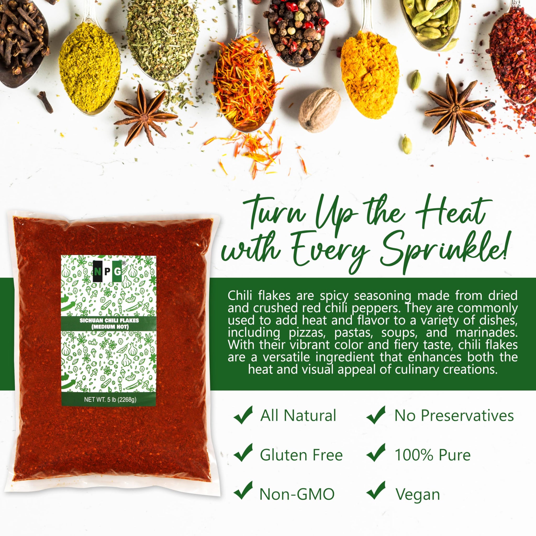 NPG Sichuan Chili Flakes 5 lb, Medium Hot Crushed Red Pepper Bulk