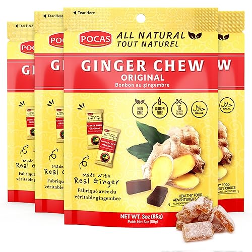 Pocas Original Ginger Chews - Sweet and Zesty Ginger Chew, Individually Wrapped Low-Calorie Snacks, Ginger Candy Made with Pure Cane Sugar, 3 Oz Ea