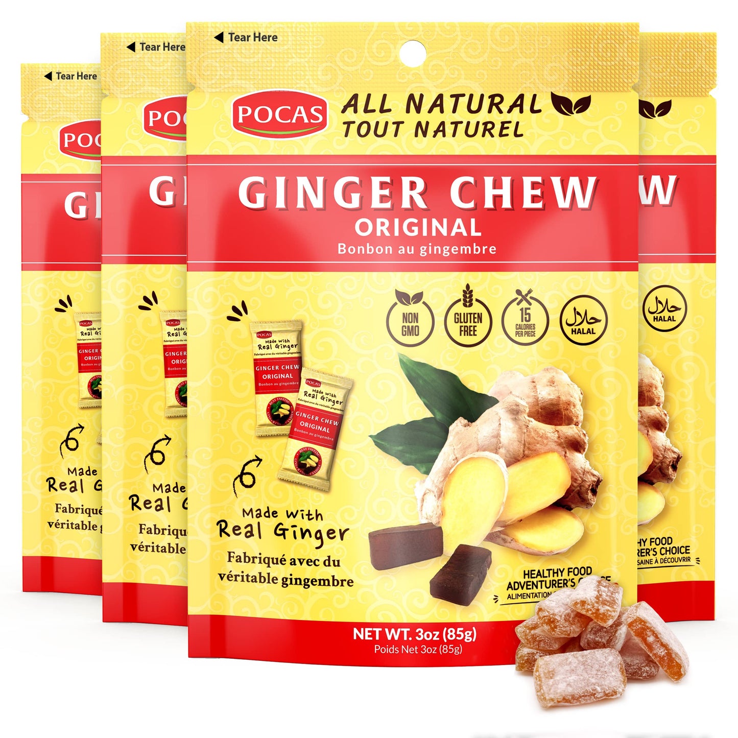 Pocas Original Ginger Chews - Sweet and Zesty Ginger Chew, Individually Wrapped Low-Calorie Snacks, Ginger Candy Made with Pure Cane Sugar, 3 Oz Ea