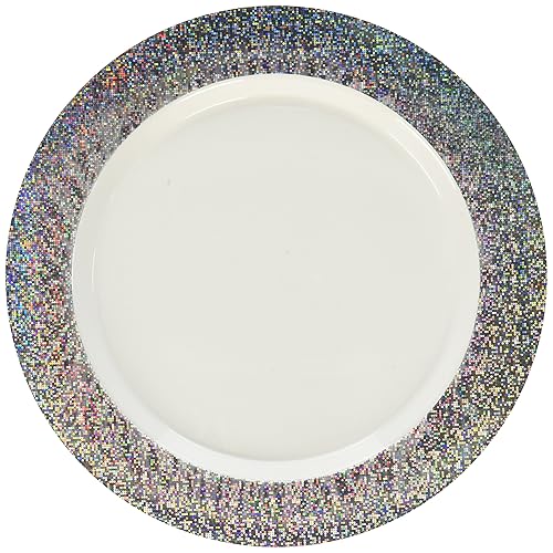 Amscan Premium Plastic White Round Plates with Prismatic Silver Border (10.25") 10 Pcs. - Elegant Disposable Dinnerware for Parties, Weddings &Events