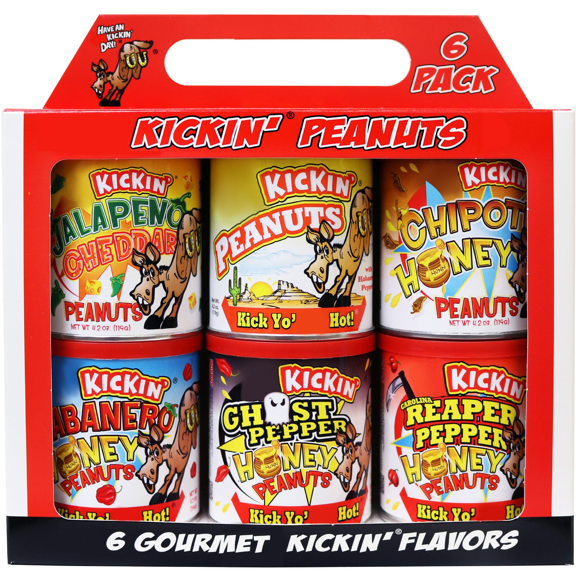 ASS KICKIN’ Spicy Hot Peanuts - Variety Pack 4.25oz 6 Pack - Ultimate Spicy Gourmet Gift Peanuts - Try if you dare!