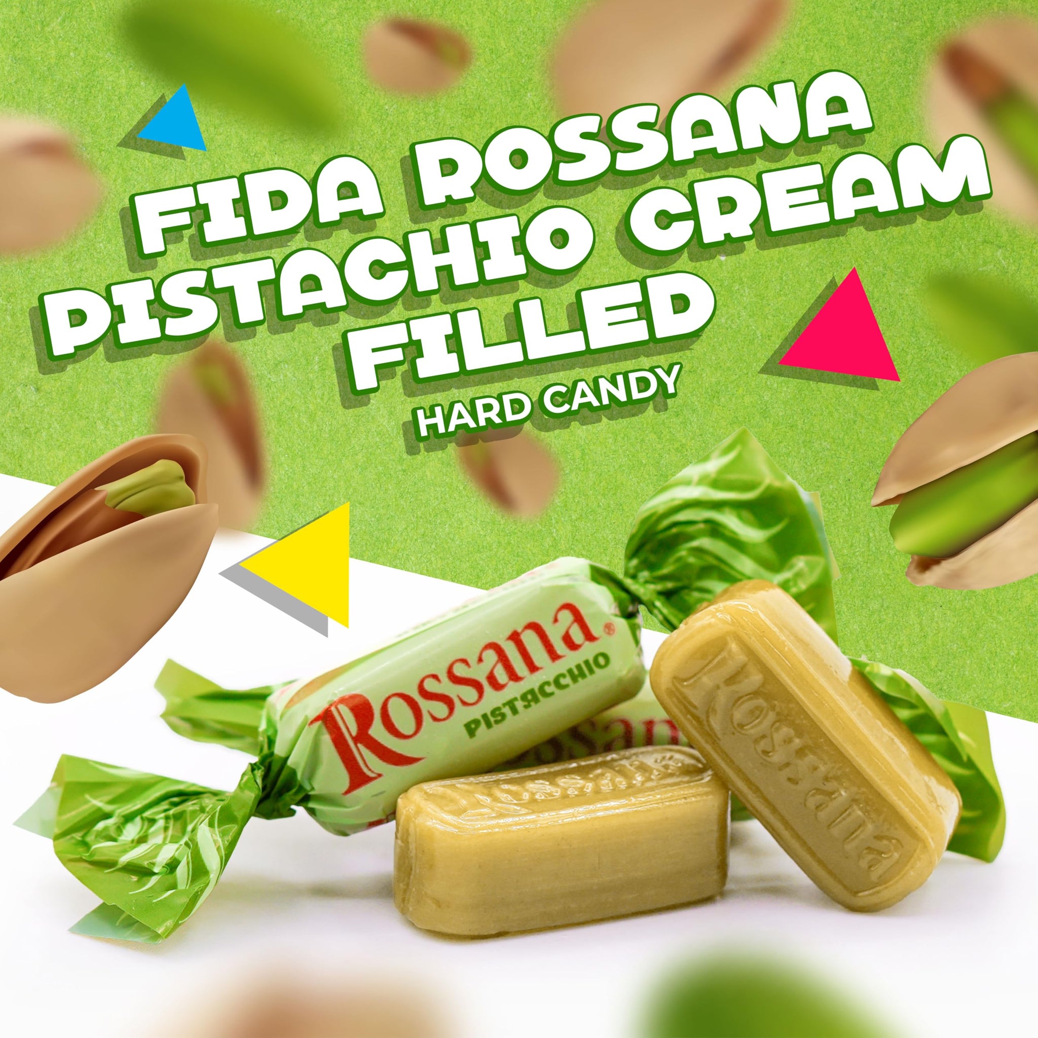 Fida Rossana Pistachio Hard Candy | 1 Pound Bag - 75 Count | Individually Wrapped Rossana Italian Candy | Rich Pistachio Cream Center | Filled Gourmet