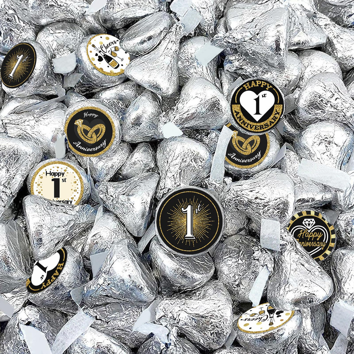 Black and Gold 1st Anniversary Kisses Stickers, 180 Count 0.75" Round Candy Labels, Chocolate Favor Stickers for 1st Wedding Anniversary Party
