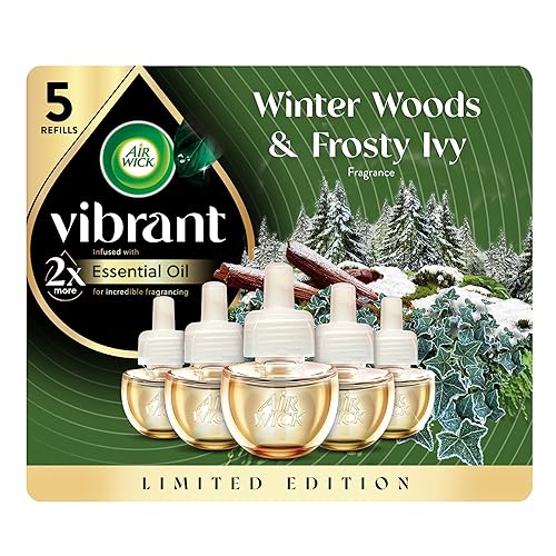 Air Wick Vibrant Plug in Scented Oil Refill, Infused with Essential Oils, Plug in Air Fresheners for Home, Winter Woods & Frosted Ivy, 5 ct