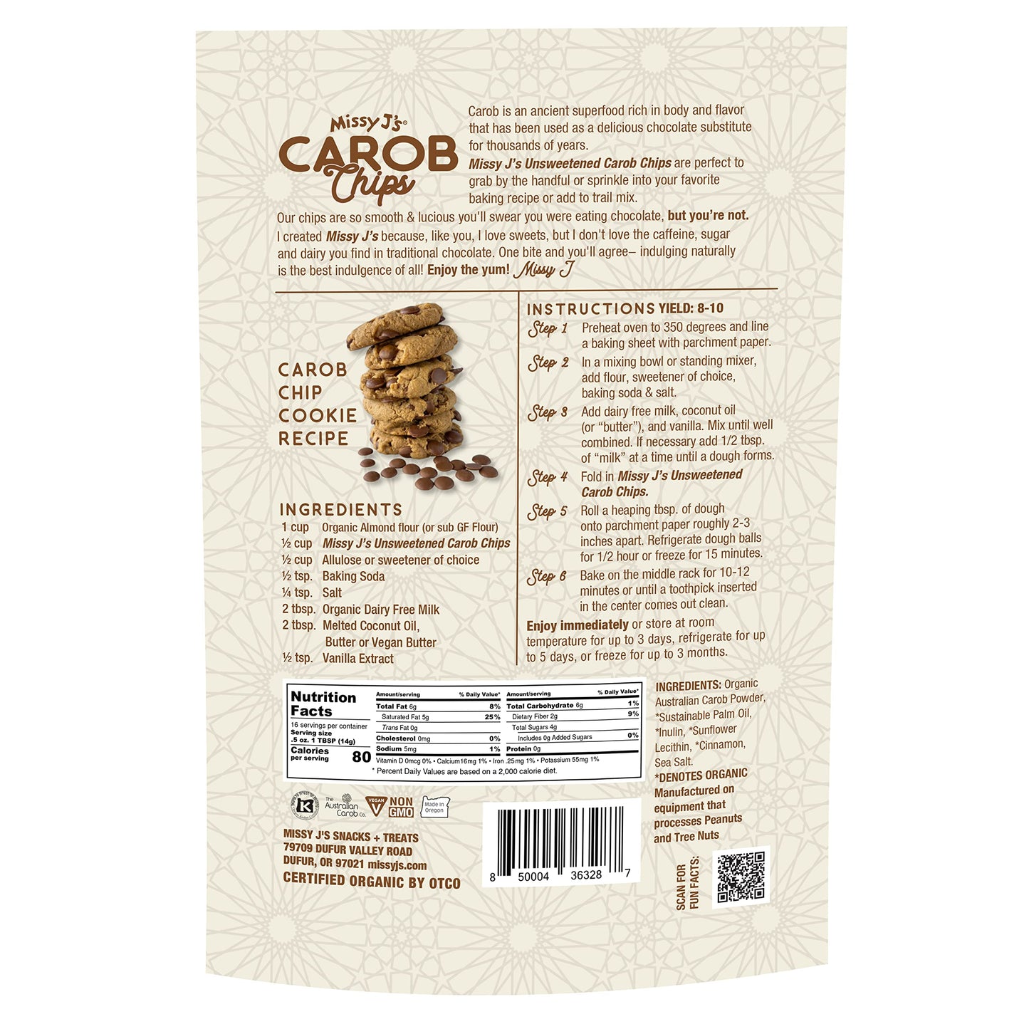 Missy J's organic Unsweetened Carob Chips 8 Oz, Vegan, Gluten and Caffeine Free, Healthy Substitute for Chocolate, Perfect for Snacks and Treats
