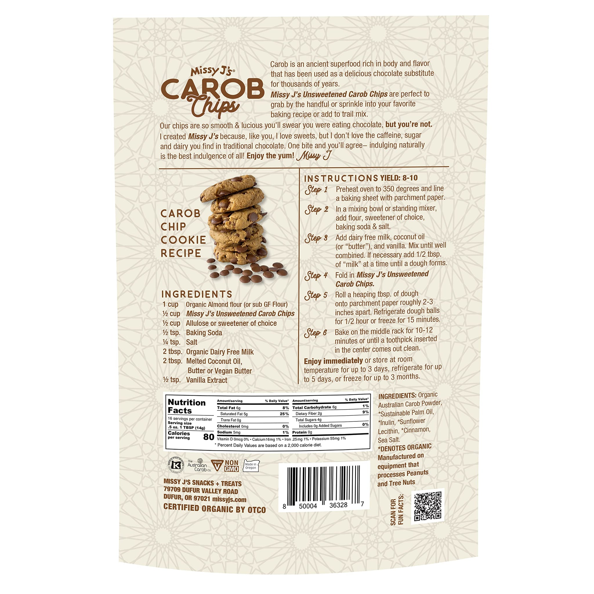 Missy J's organic Unsweetened Carob Chips 8 Oz, Vegan, Gluten and Caffeine Free, Healthy Substitute for Chocolate, Perfect for Snacks and Treats