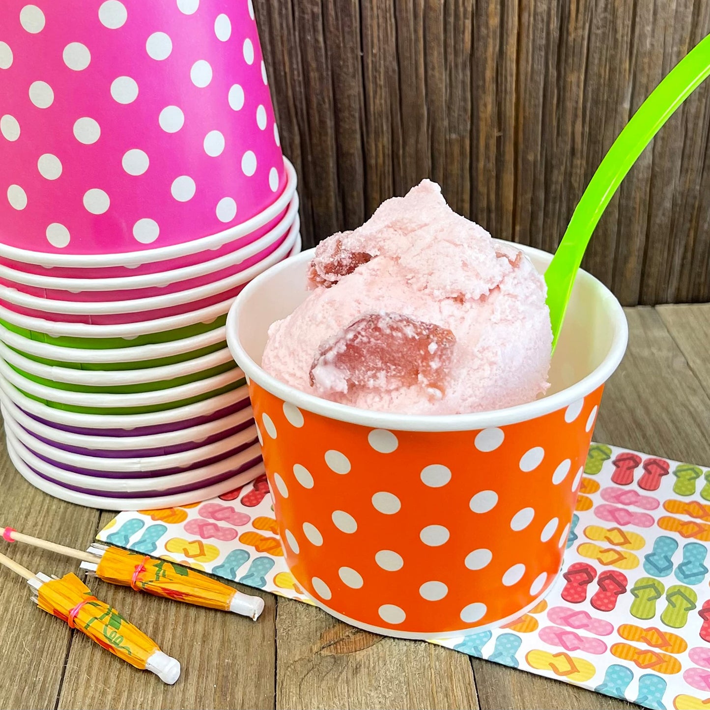 12 Ounce Disposable Paper Treat Cups Ice Cream Bowls -Plastic Spoons - Paper Straws - Ice Cream Sundae Kit for 24 - Blue, Pink, Orange, Yellow, Green