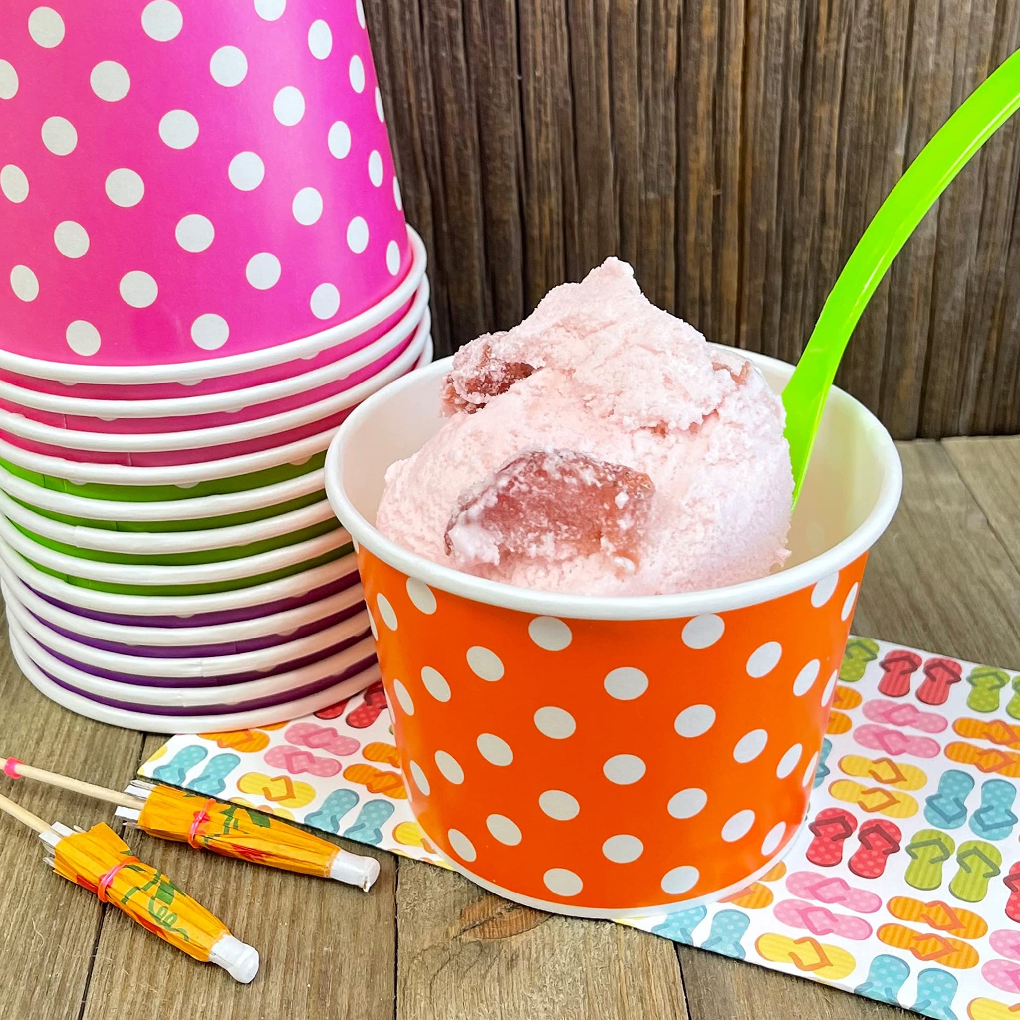 12 Ounce Disposable Paper Treat Cups Ice Cream Bowls -Plastic Spoons - Paper Straws - Ice Cream Sundae Kit for 24 - Blue, Pink, Orange, Yellow, Green