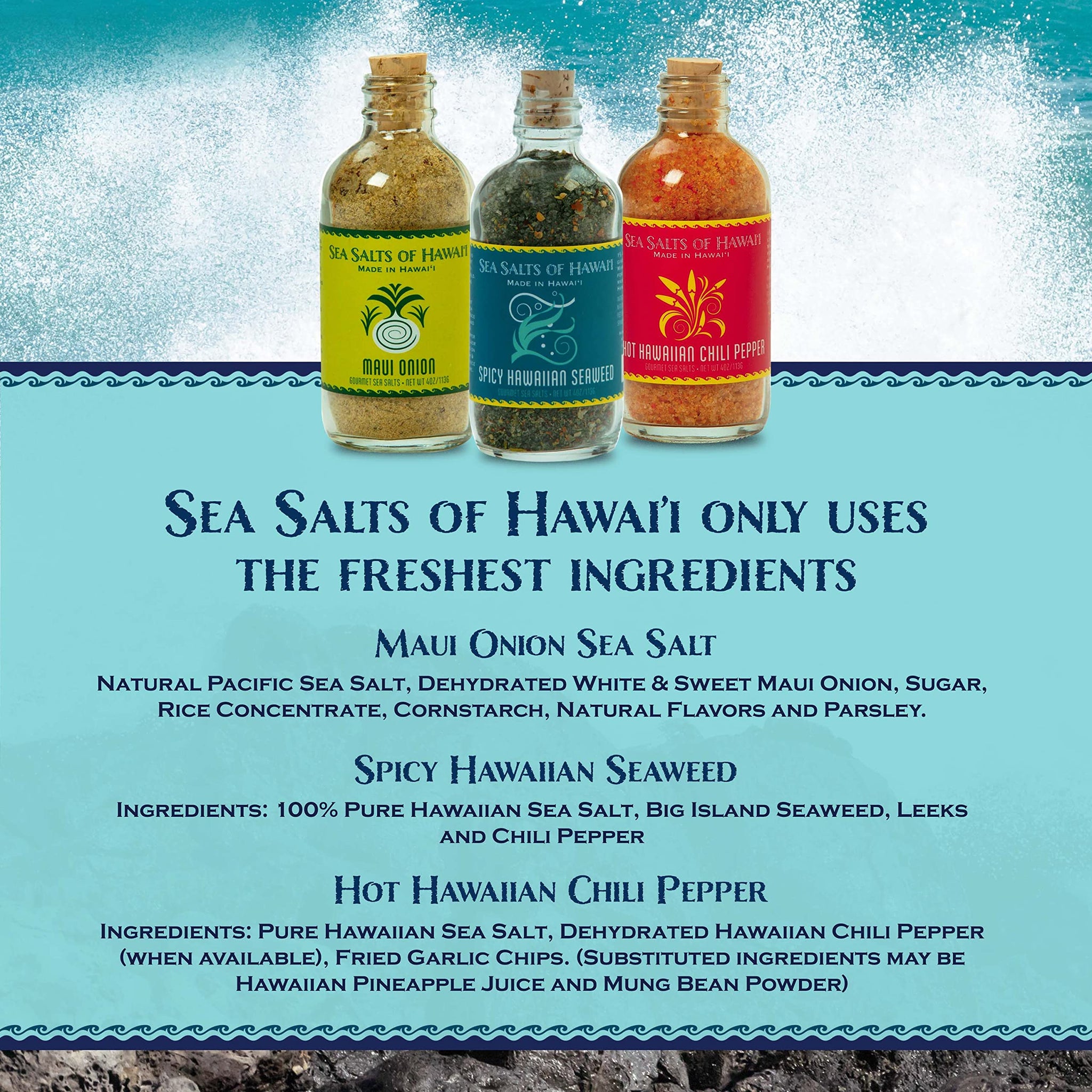 Sea Salts of Hawaii Variety 3 Pack, Maui Onion Salt, Hawaiian Chili Pepper Salt, Spicy Seaweed Flavored Hawaiian Sea Salt