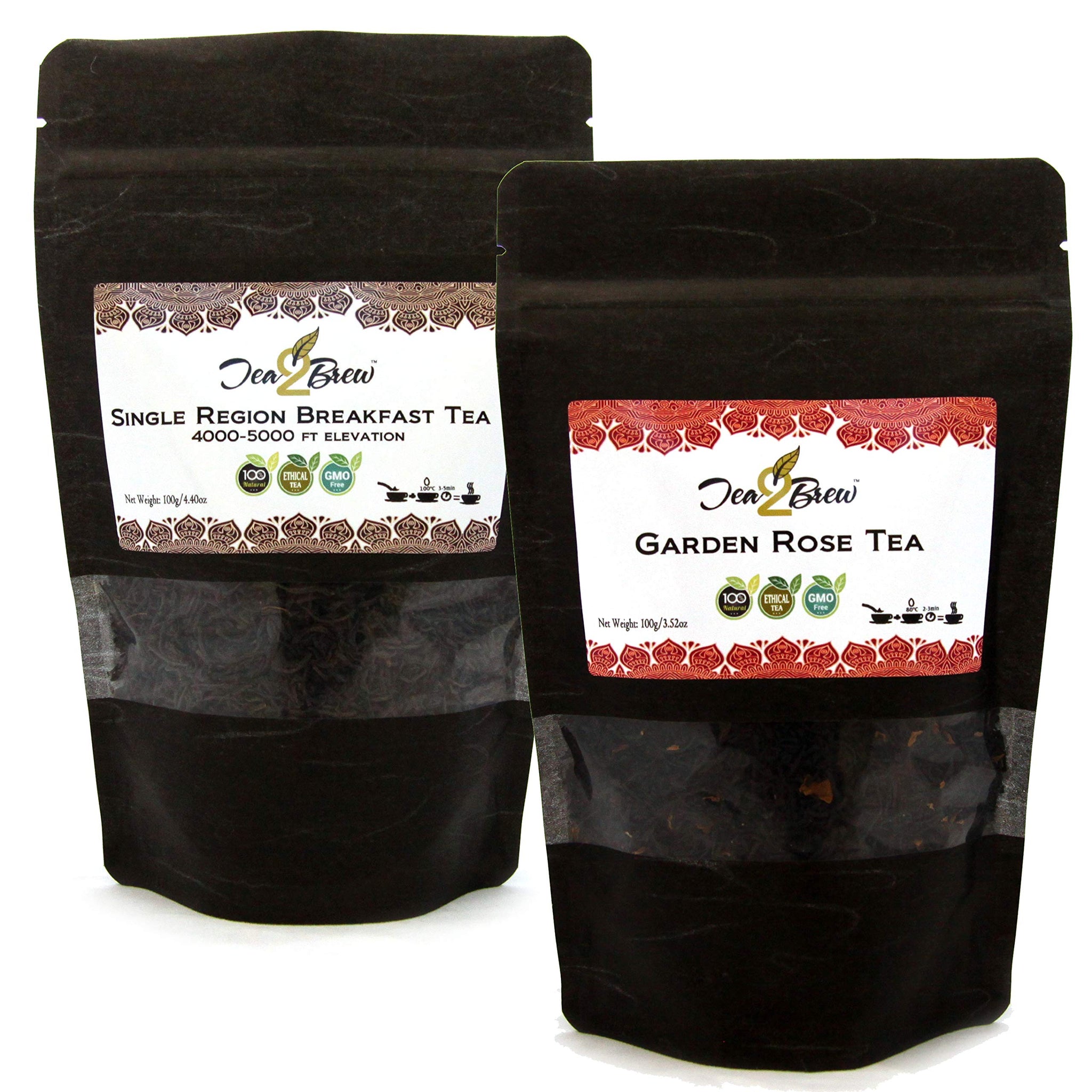 Tea2Brew | Garden Rose & Single Estate Breakfast Tea | Pure Ceylon Black Teas | Garden fresh and antioxidant rich | Loose leaf 100 gr (3.5 oz) Pouch |
