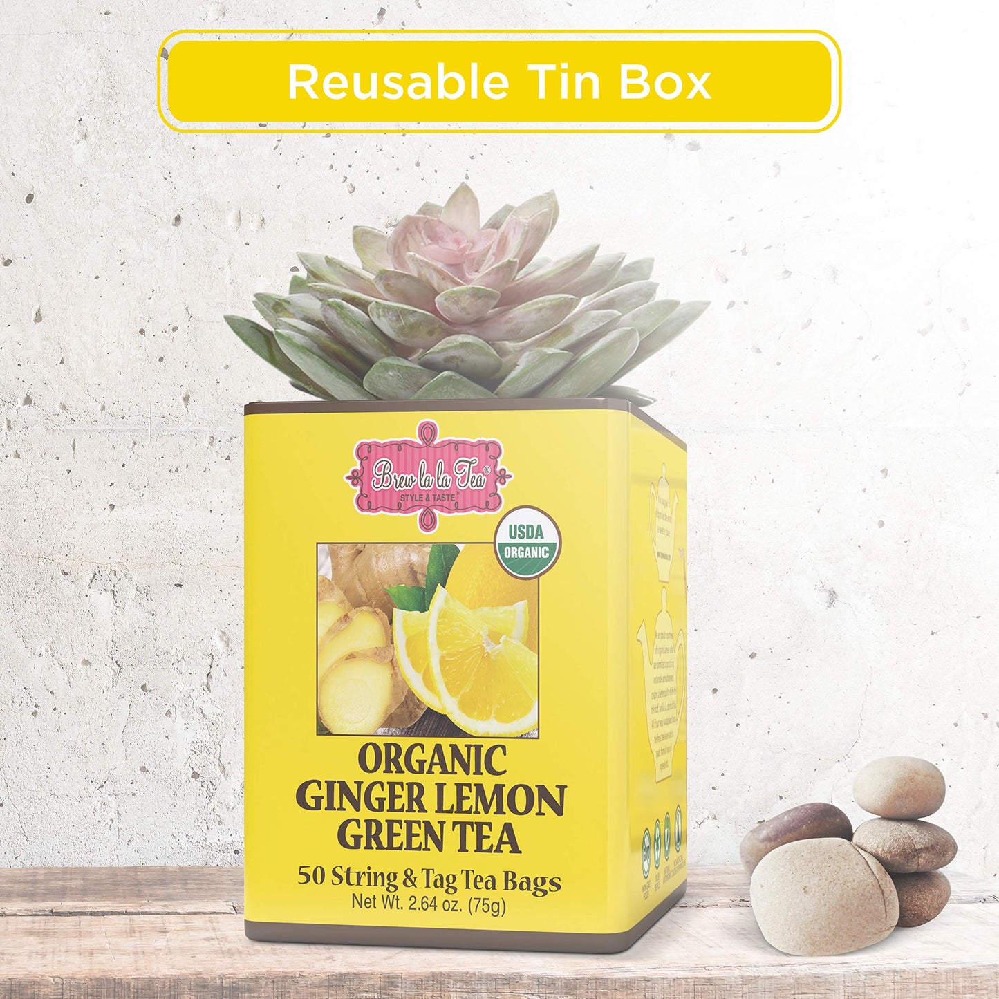 Brew La La Organic Green Tea - Natural Ginger Lemon Flavor - 50 Tea Bag Tin - Low Caffeine - USDA Certified Organic