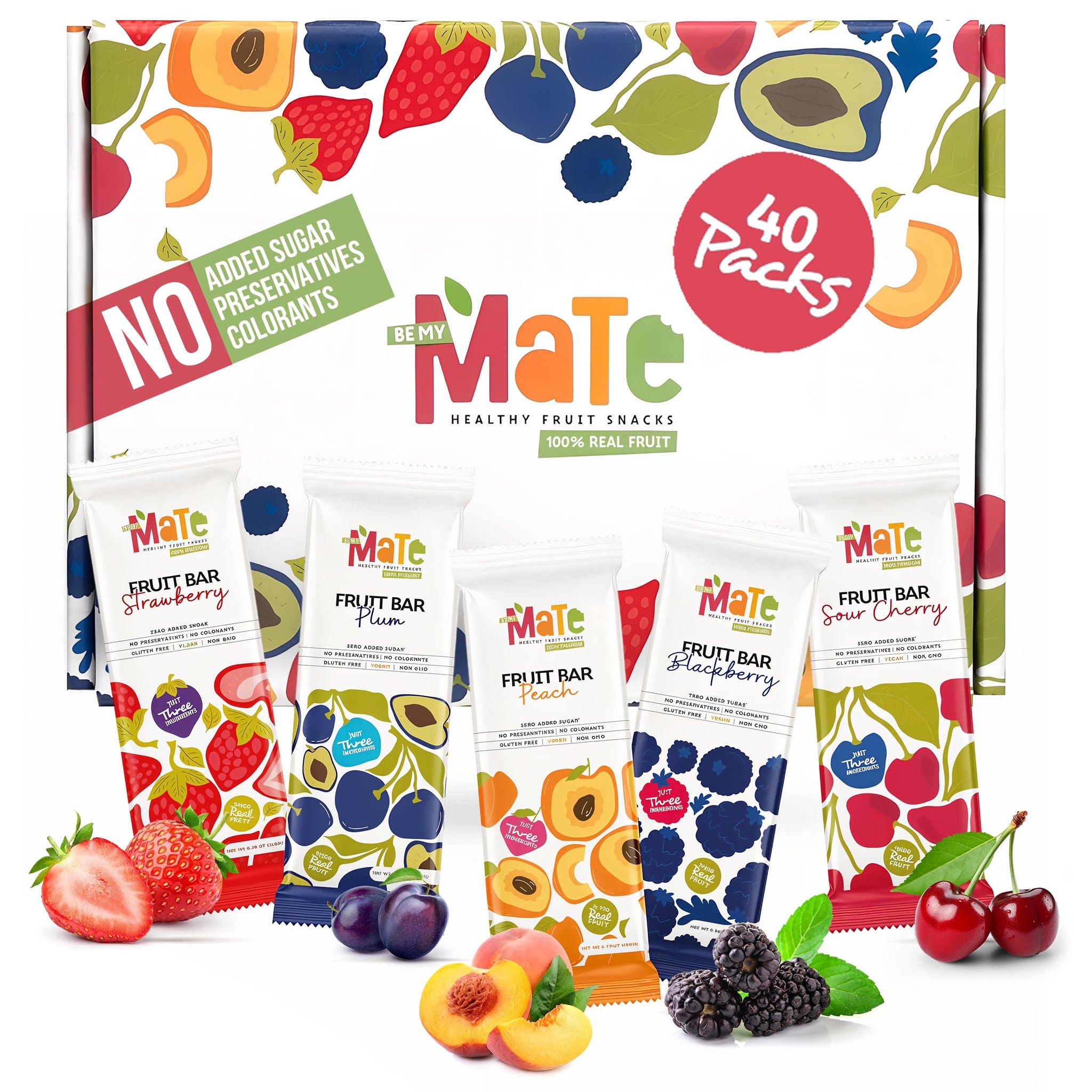 Mate Fruit Bars Variety Pack (40 Pack) - 100% Natural Real Fruit Snacks for Adults and Kids, Healthy Snacks, Fruit Leather. Gluten-Free, Vegan