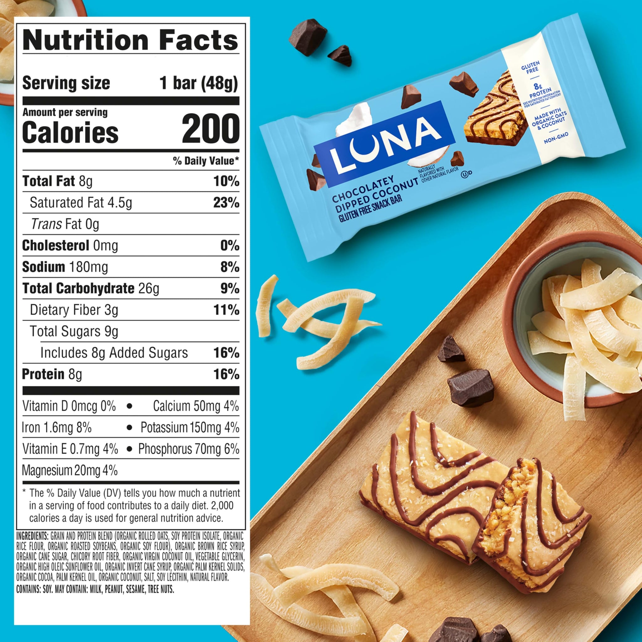 LUNA Bar - Chocolatey Dipped Coconut Flavor - Gluten Free Snack Bars - Non-GMO - Protein Bars - Made with Organic Oats (6 Pack)