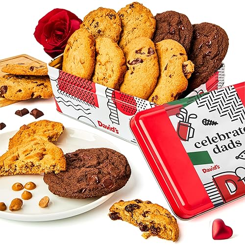 David’s Cookies Father's Day Assorted Fresh Baked Cookies In Sweet Sampler Tin - Chocolate Chunk, Peanut Butter Chip, Double Chocolate Chunk & Oatmeal