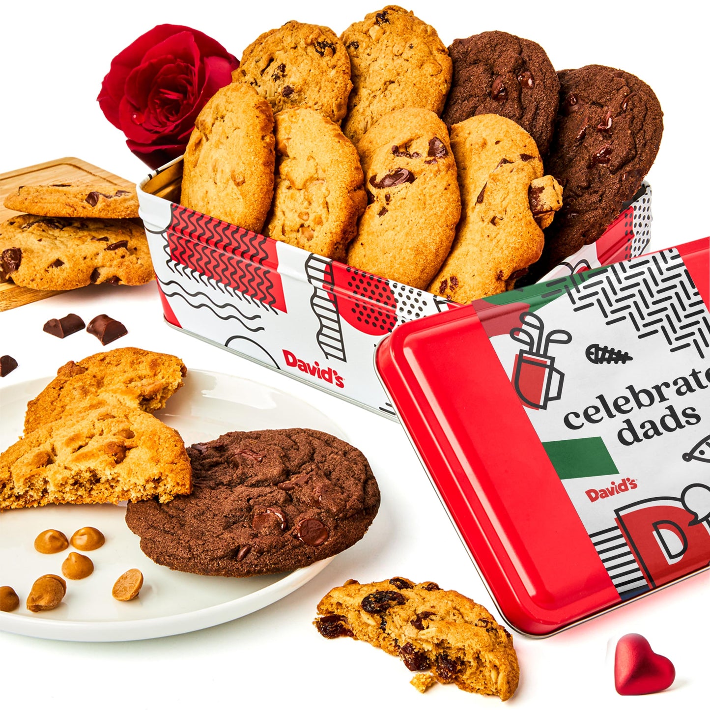 David’s Cookies Father's Day Assorted Fresh Baked Cookies In Sweet Sampler Tin - Chocolate Chunk, Peanut Butter Chip, Double Chocolate Chunk & Oatmeal