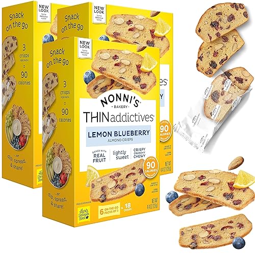 Nonni's THINaddictives Almond Thin Cookies - 3 Boxes Lemon Blueberry Cookie Thins - Almond Cookies - Sweet Crunchy & Chewy - Biscotti Individually