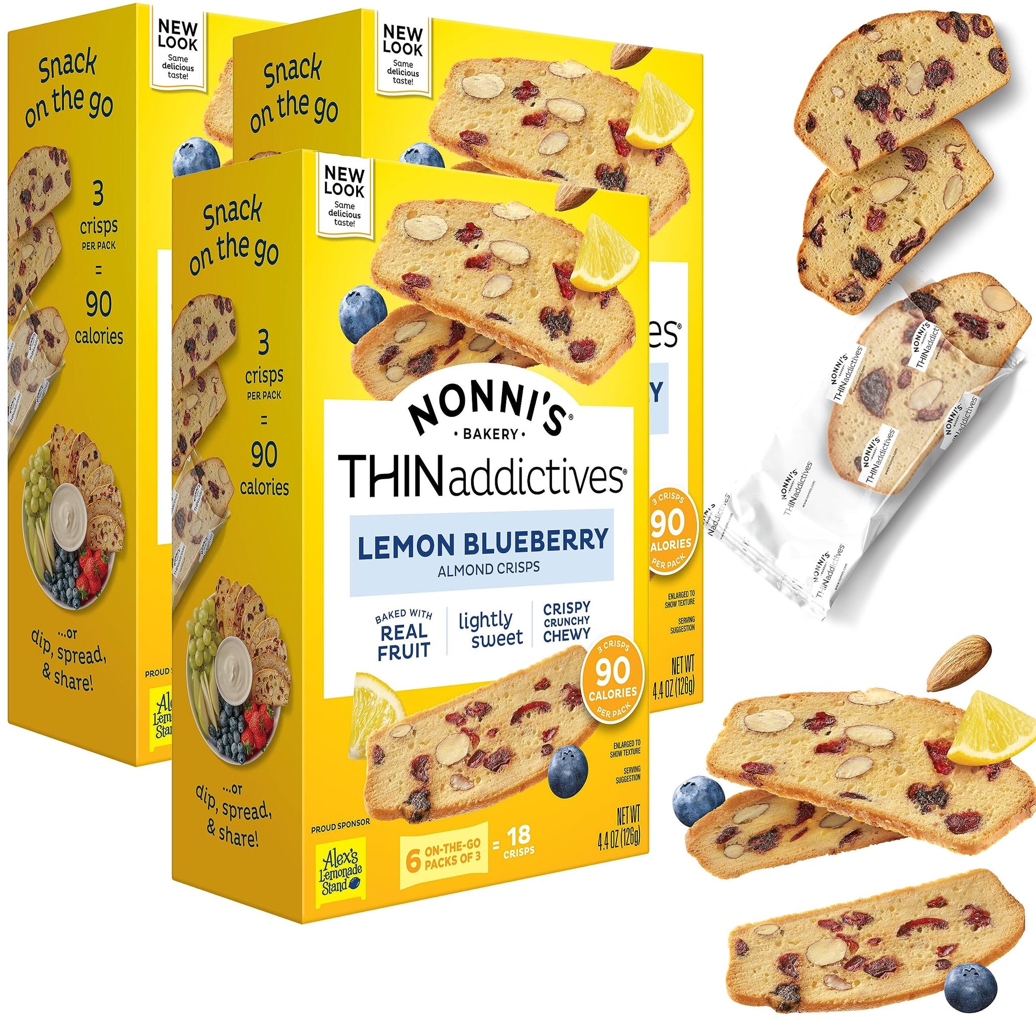 Nonni's THINaddictives Almond Thin Cookies - 3 Boxes Lemon Blueberry Cookie Thins - Almond Cookies - Sweet Crunchy & Chewy - Biscotti Individually