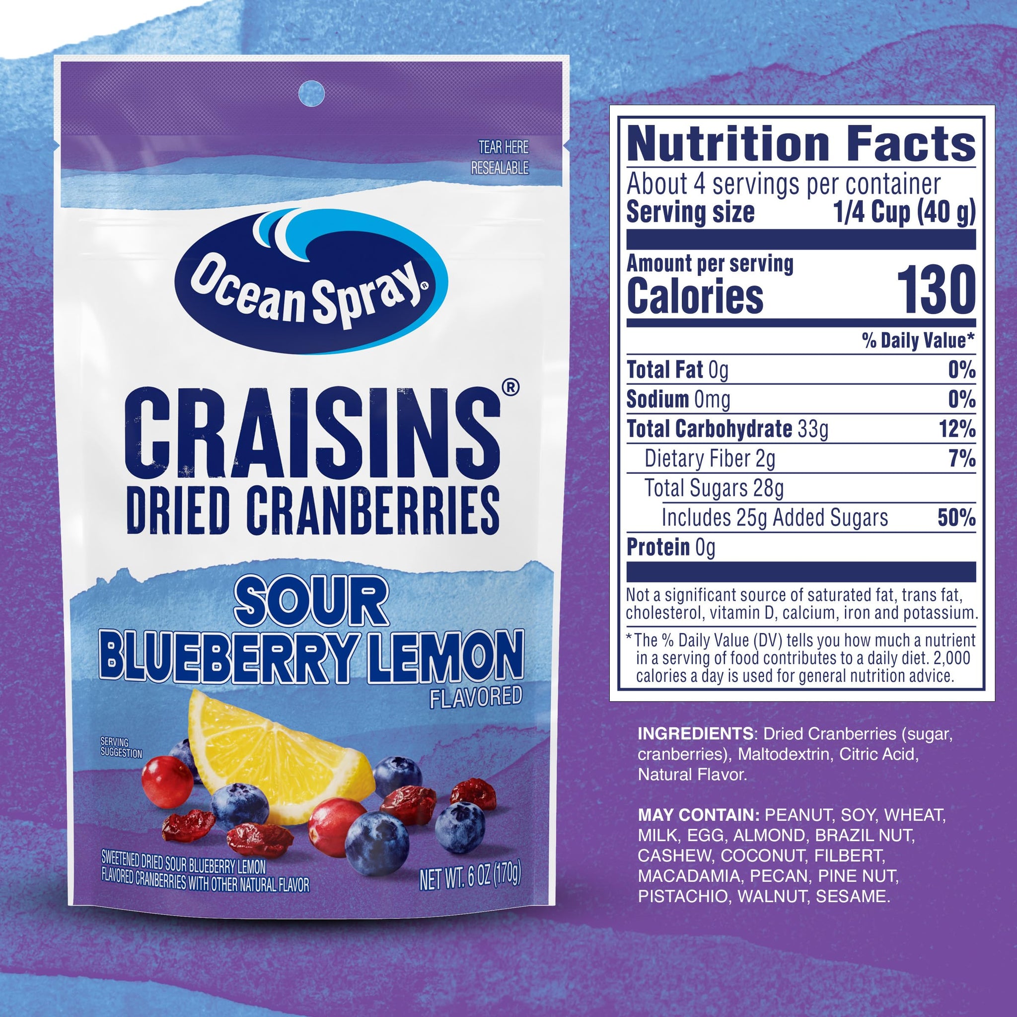 Ocean Spray® Craisins® Sweetened Dried Cranberries, Sour Blueberry Lemon, 6oz Pouch