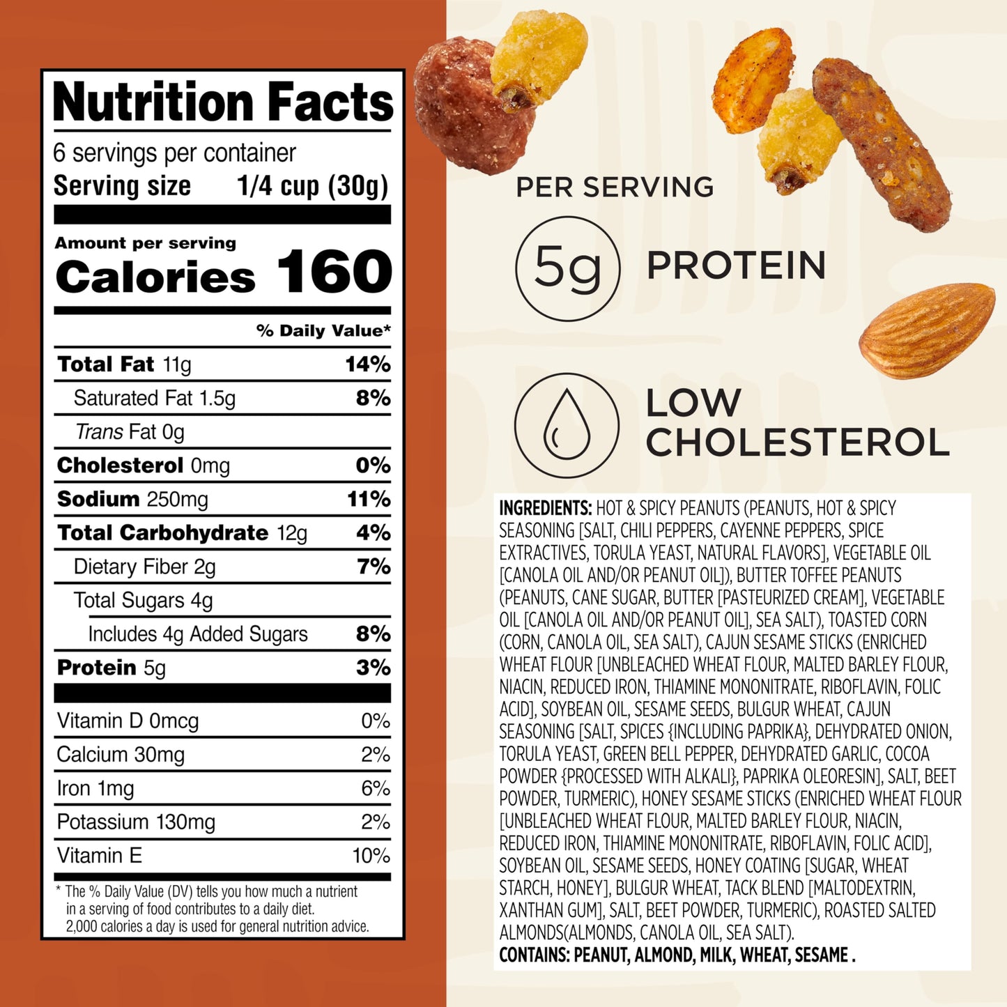 Snak Club Cajun Style Snack Mix with Hot and Spicy Peanuts, Butter Toffee Peanuts, Toasted Corn, Cajun and Honey Sesame Sticks, and Almonds, Kosher