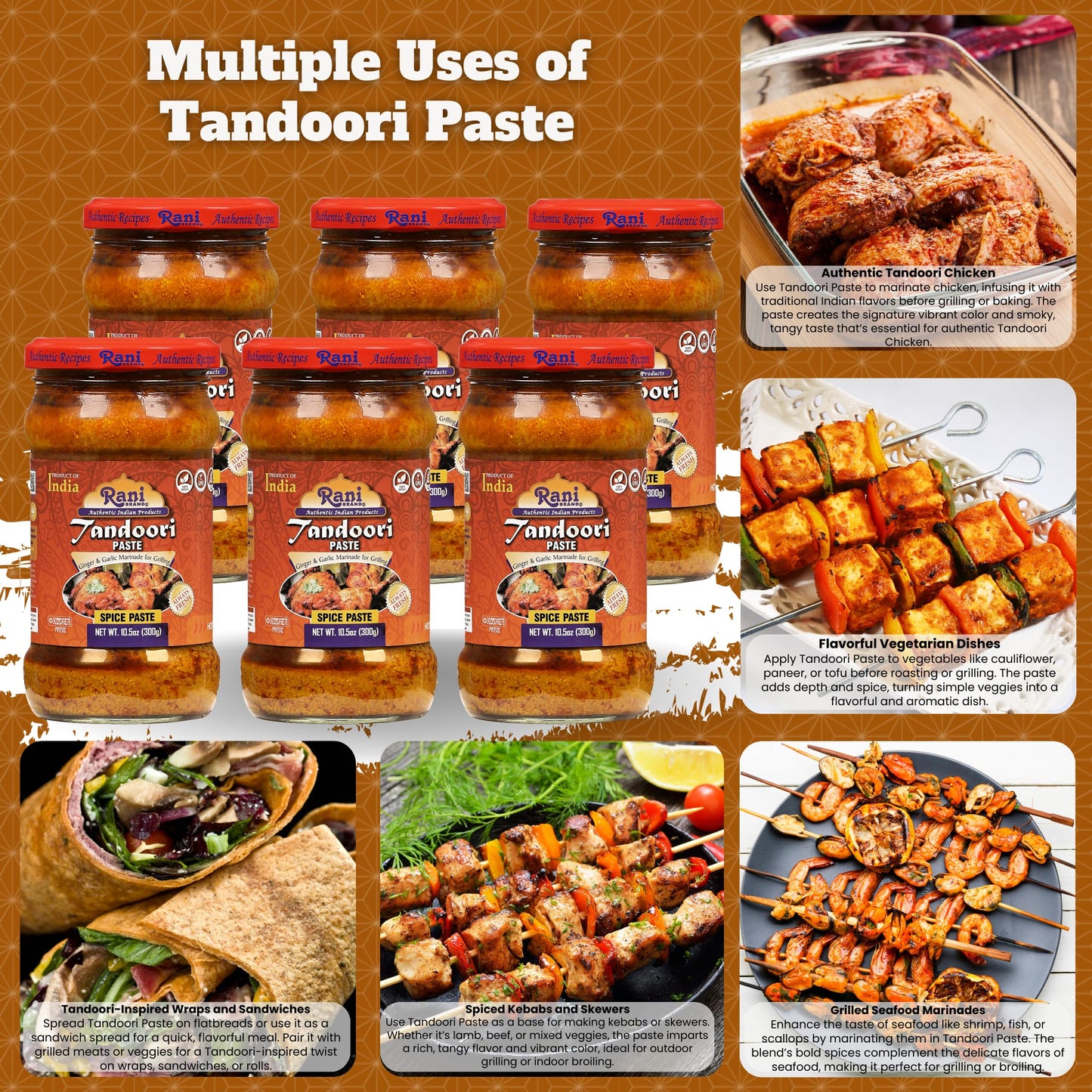 Rani Tandoori Paste (No Colors) 10.5oz (300g) Glass Jar, Pack of 5+1 FREE ~ For Tandoori Chicken, Chicken Tikka, Paneer Tikka | All Natural | NON-GMO