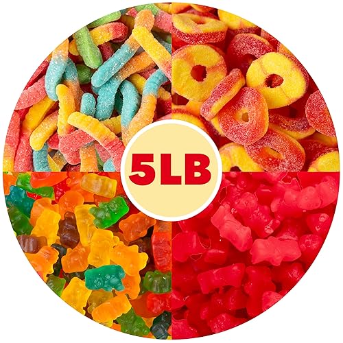 5 lb Bulk Gummy Candy Mix - Gummy Bears, Sour Gummy Worms, Cinnamon Gummy Bears & Peach Rings Bulk - Assorted Gummies Fruit Snacks for Parties, Candy
