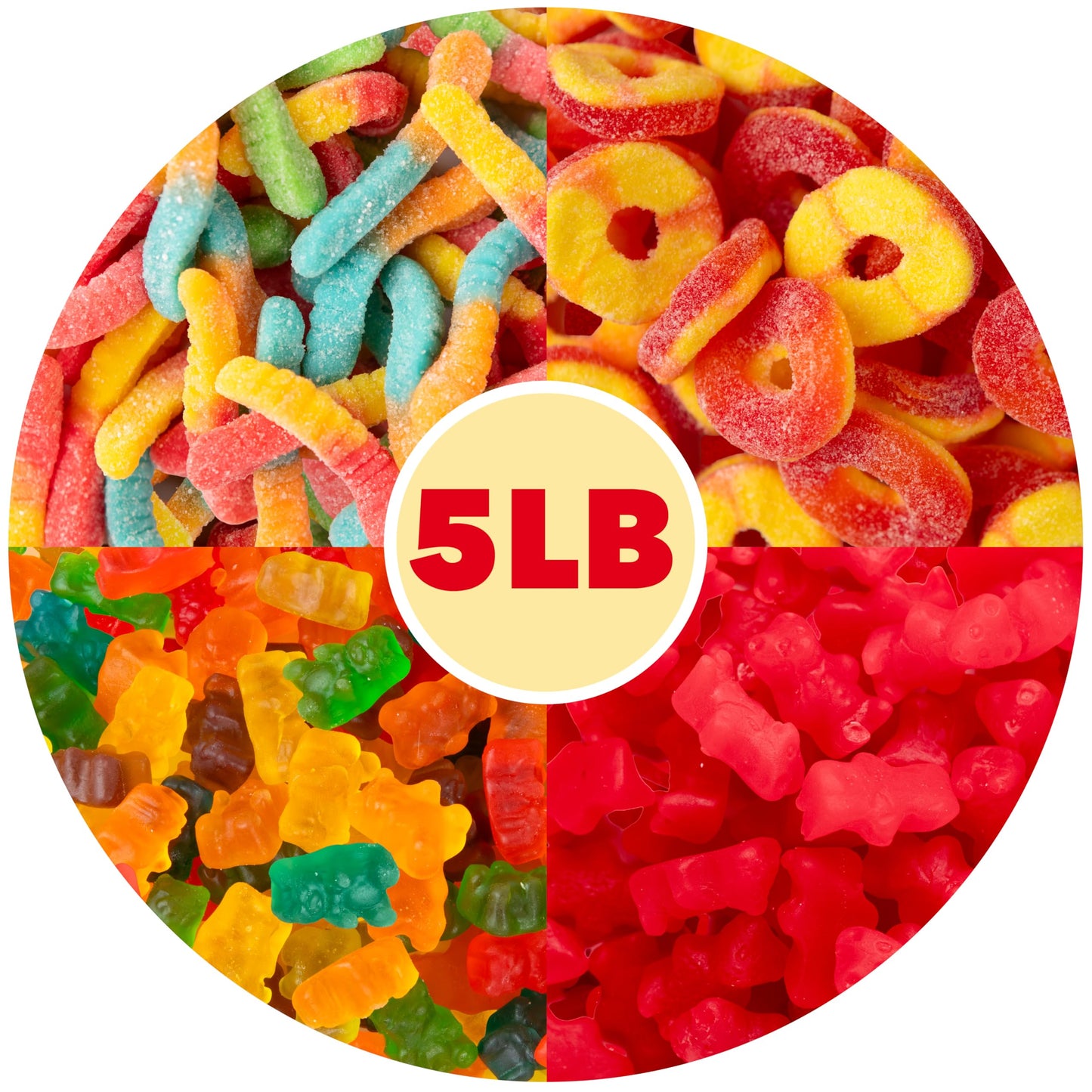 5 lb Bulk Gummy Candy Mix - Gummy Bears, Sour Gummy Worms, Cinnamon Gummy Bears & Peach Rings Bulk - Assorted Gummies Fruit Snacks for Parties, Candy