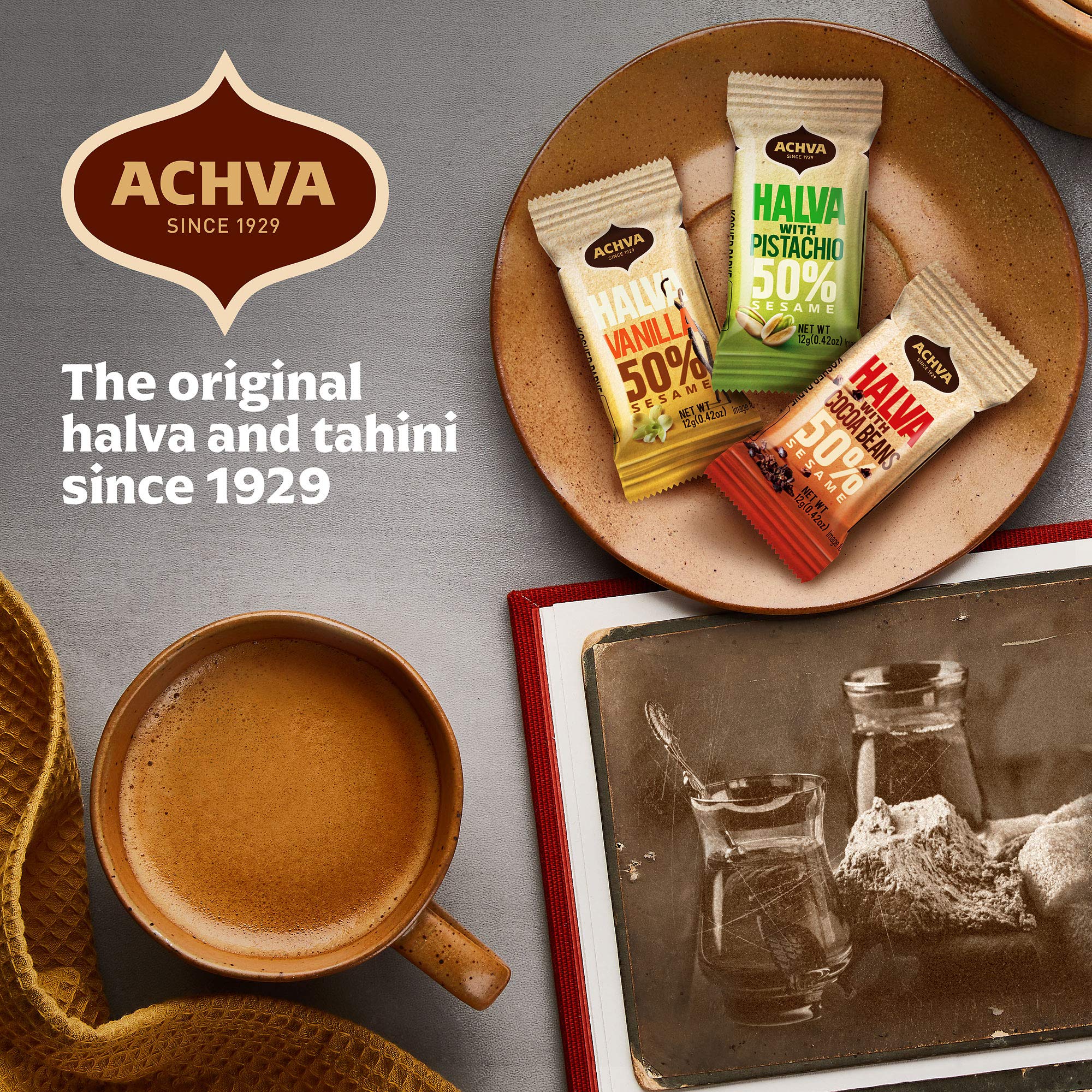 Halva Tahini Bar Mini Snacks - Assortment of 18 Snack-Sized Halvah Pistachio, Vanilla, and Cocoa Bean Israeli Snacks - Vegan, Kosher Snacks with No