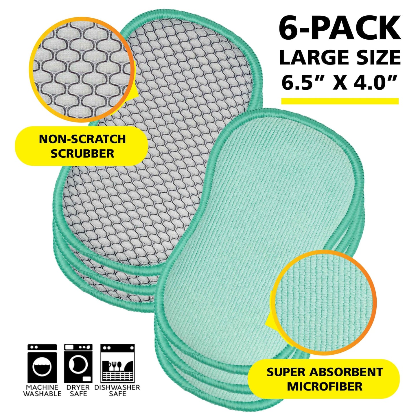 Soft-Scrub by Tuff-Scrub Scrub-N-Wipe Pad, Large, 6-Pack, Microfiber, Multi-Surface, Non-Scratch, Dual-Sided, Scrubber for Dishes, Sinks, Non-Stick