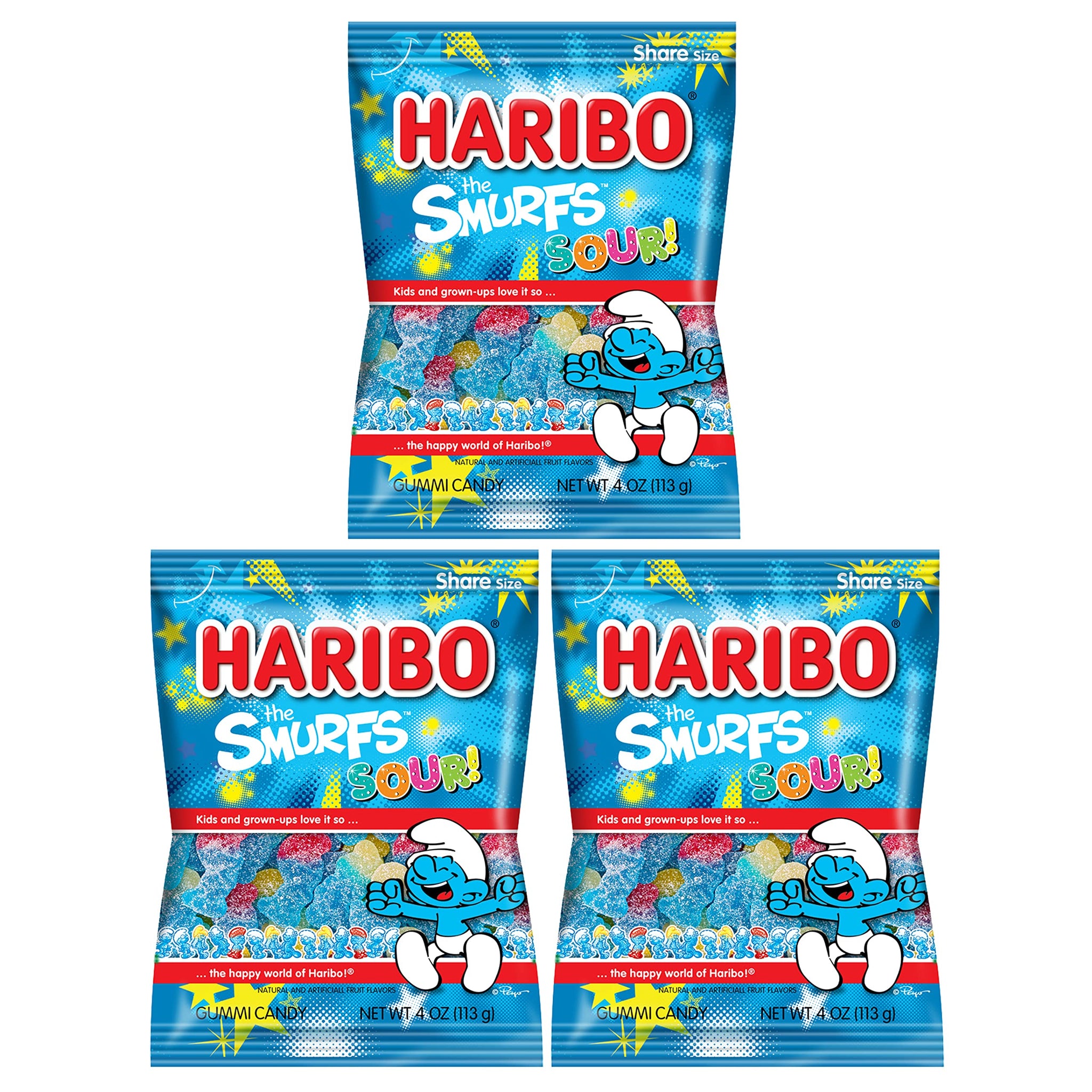 Haribo Sour Smurfs Pack of 3 (4oz Bags) Sweet and Sour Coated Gummy Candy in a King of Sweets Bulk Bag
