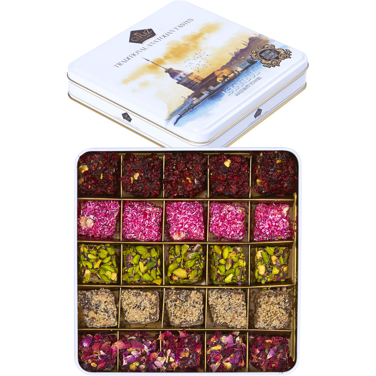 Cerez Pazari Turkish Delight In 4 Flavours, With Pistachio, Hazelnut & Walnut, Assorted Gourmet Lokum In Elegant Tin Gift Box, Sweet Traditional Soft