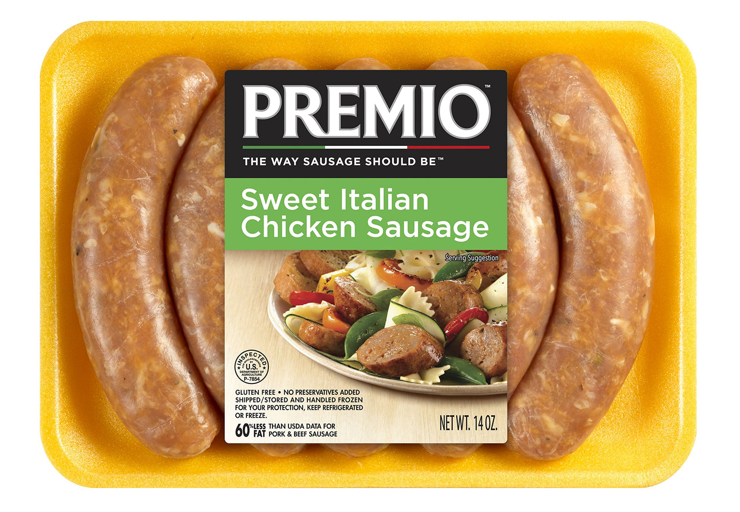 Premio - Sweet Italian Chicken Sausage Links 14 oz, Gluten Free All Natural Chicken Sausage, No MSG or Preservatives, Fresh Frozen, Mild Sweet Flavor