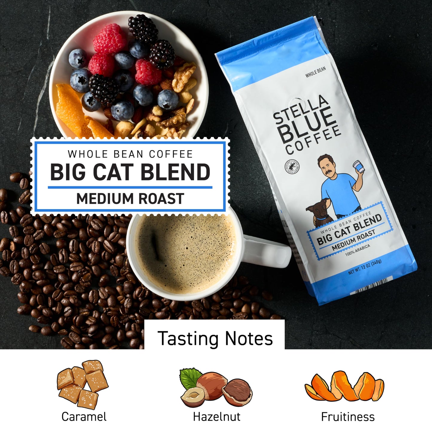 Stella Blue Whole Bean Coffee, Big Cat Blend, Medium Roast Caramel Hazelnut, Fruity Notes 100% Arabica Beans, Ethically Sourced from Central and South
