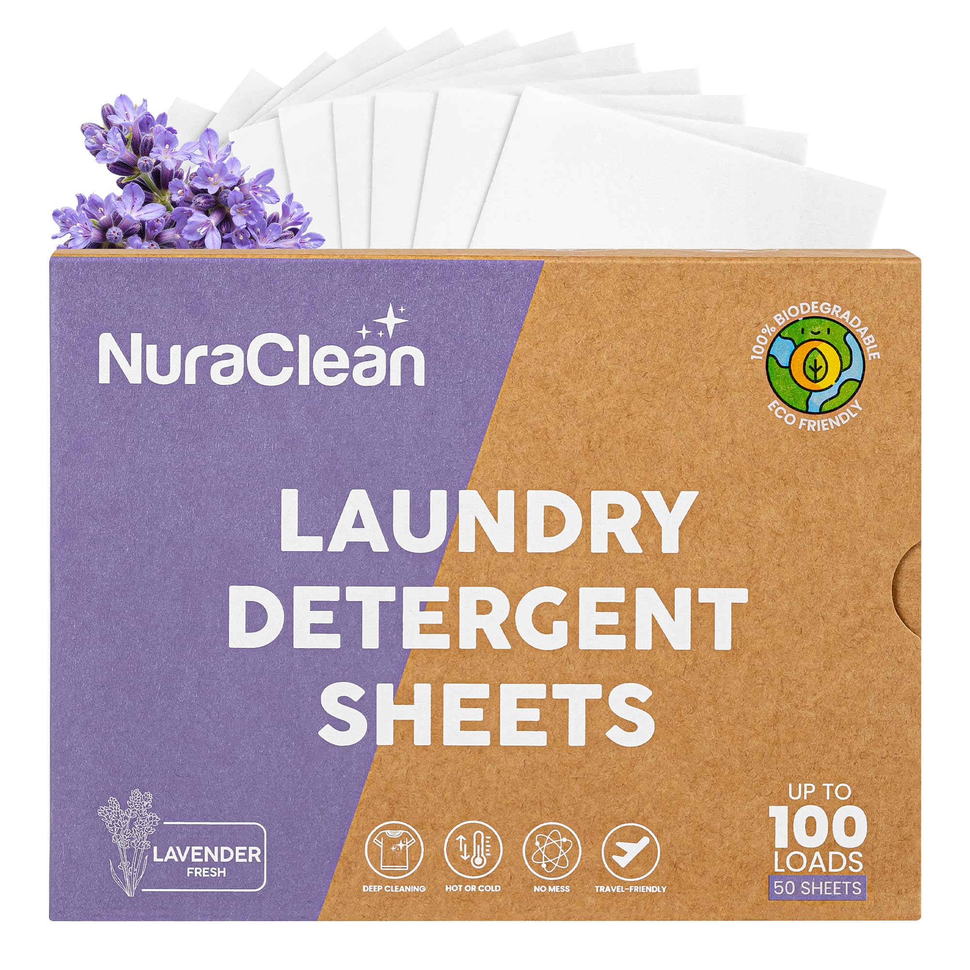 NuraClean Laundry Detergent Sheets, Lavender Fresh - 50 Sheets (Up to 100 Loads), Powerful Clean, HE Compatible, Hypoallergenic, Plastic-Free