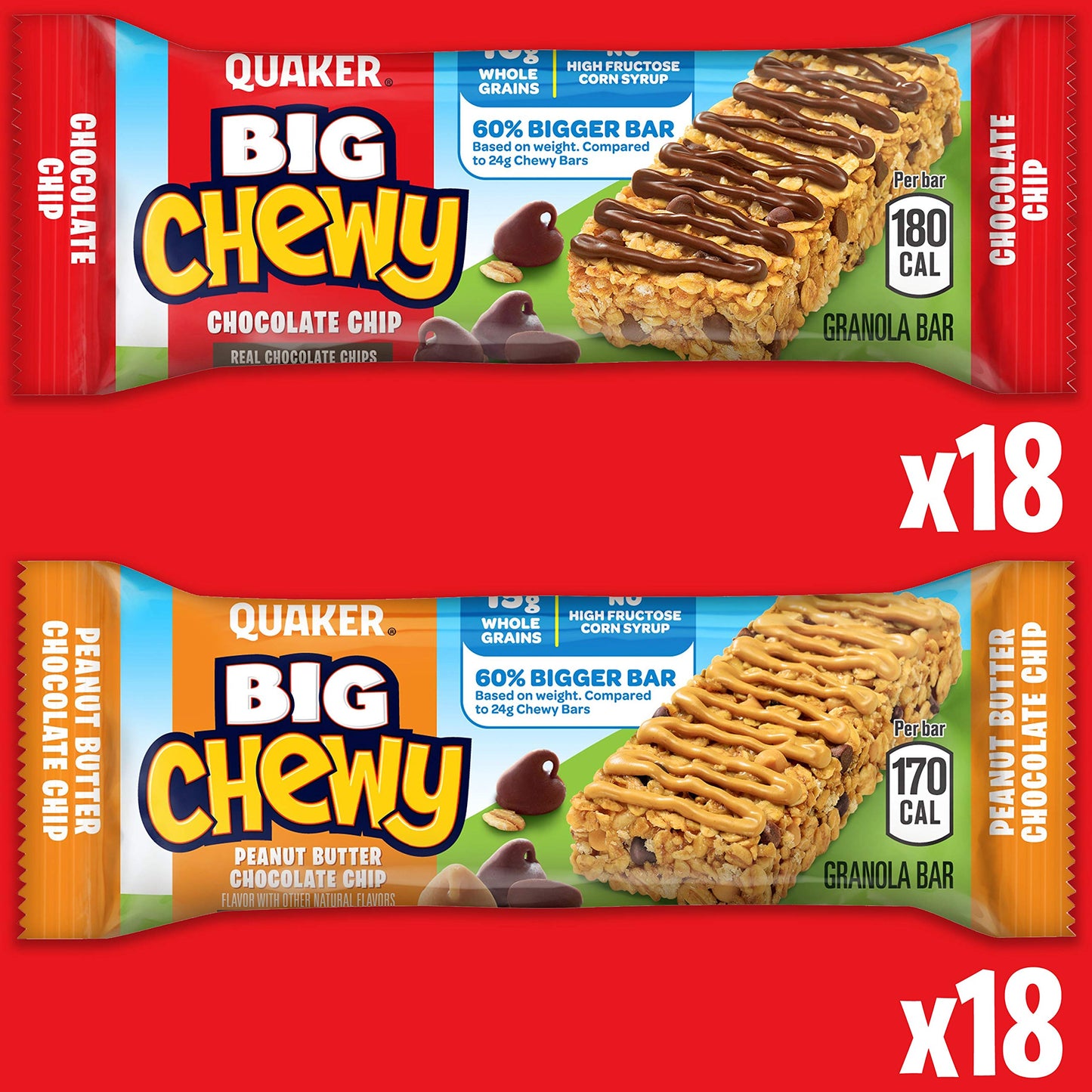 Quaker Big Chewy Granola Bars, 60% Larger, 2 Flavor Variety Pack, 36 Count (Pack of 1)