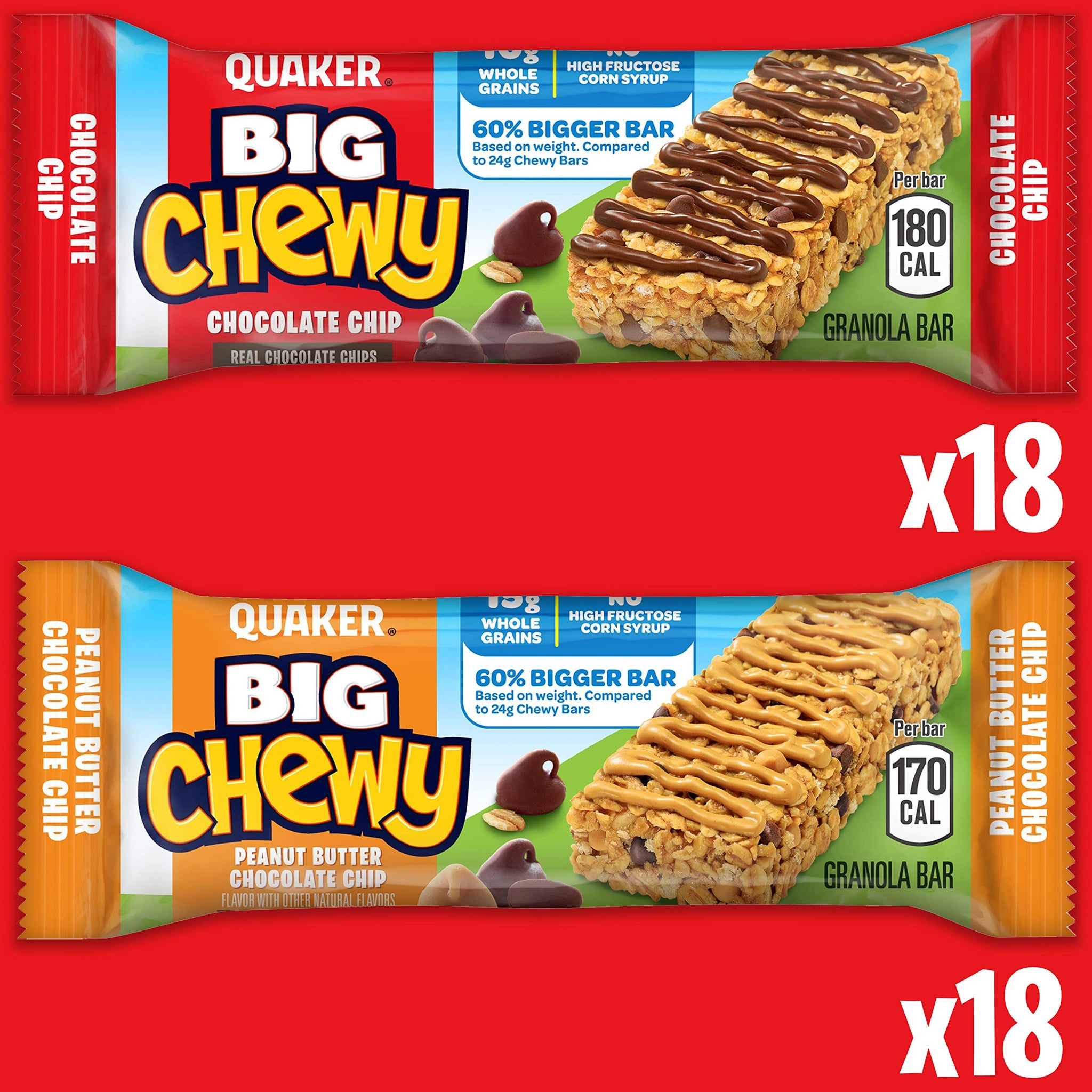 Quaker Big Chewy Granola Bars, 60% Larger, 2 Flavor Variety Pack, 36 Count (Pack of 1)